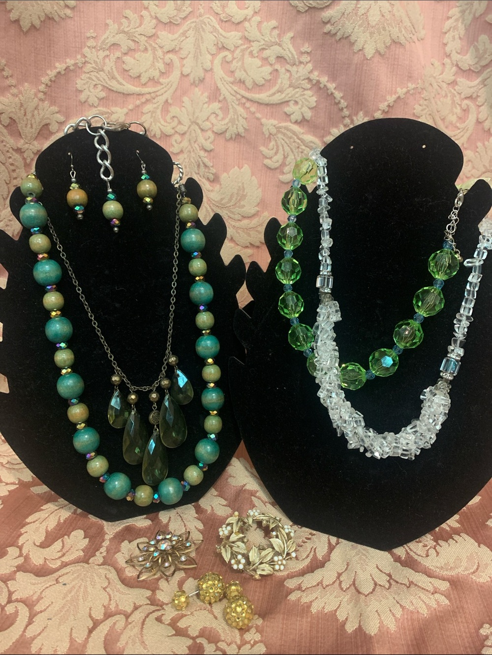 Lot of  Beaded Statement Necklaces Set with Matching Earrings brooches green